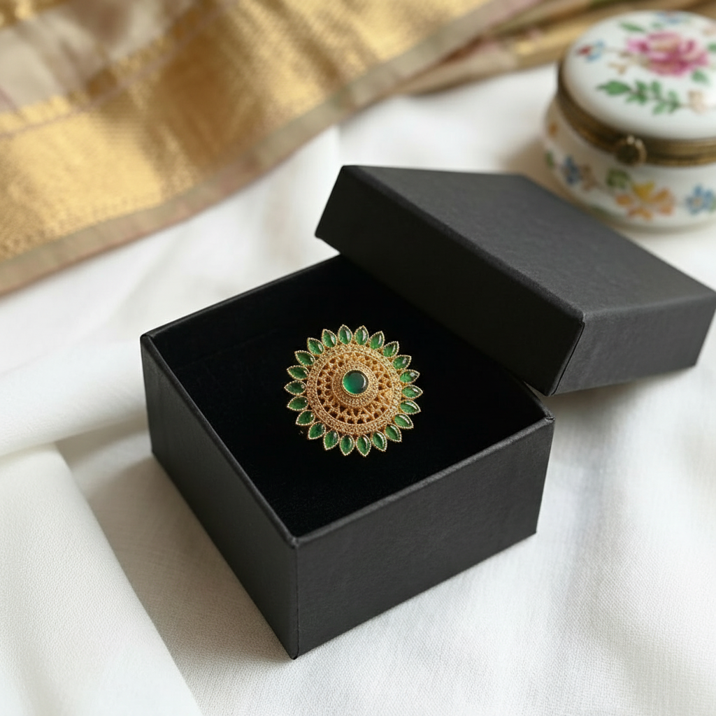 Grand Golden Ring with Green Gemstones & Crystals in Gift Packing