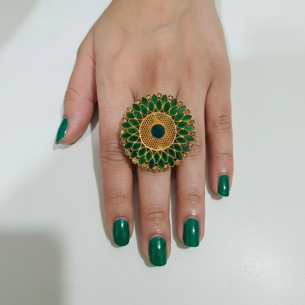 Grand Golden Ring with Green Gemstones & Crystals in Gift Packing