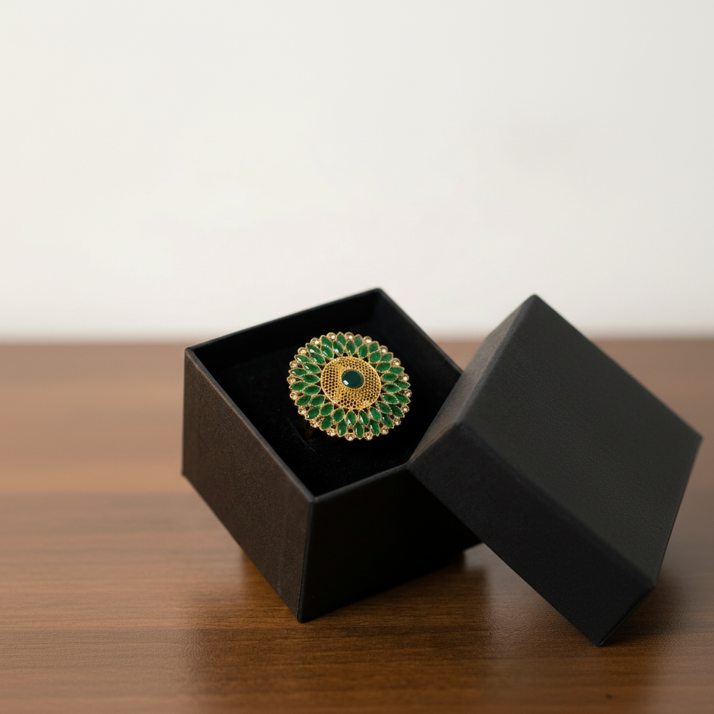 Grand Golden Ring with Green Gemstones & Crystals in Gift Packing