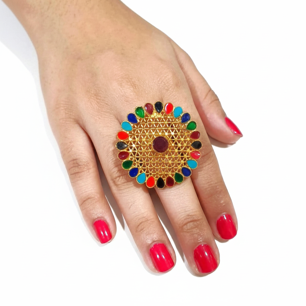 Grand Golden Ring with Multi Colour Gemstones in Gift Packing
