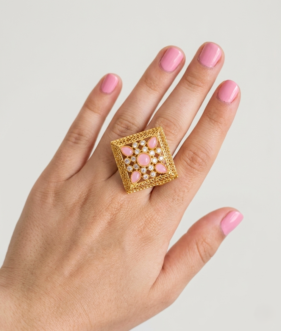 Grand Golden Ring with Pink Gemstones & Crystals in Gift Packing