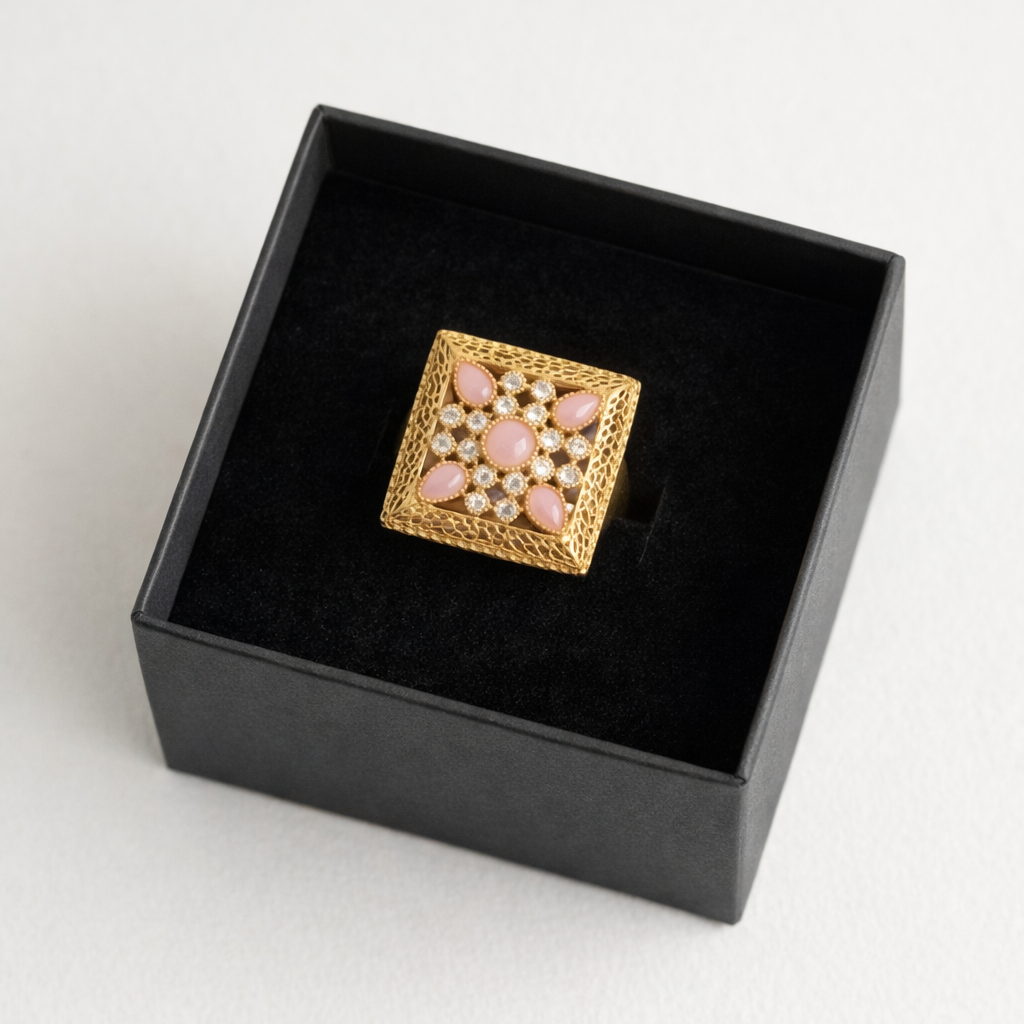 Grand Golden Ring with Pink Gemstones & Crystals in Gift Packing