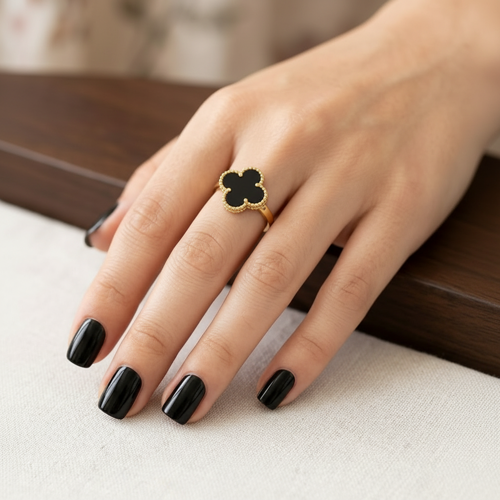 Golden-Black 4 Leaves Clover Charm Ring in Gift Packing