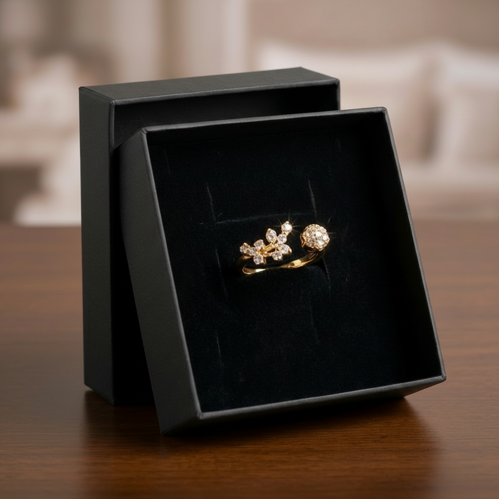 Golden Twisted Leaf & Flower Charms Ring in Gift Packing