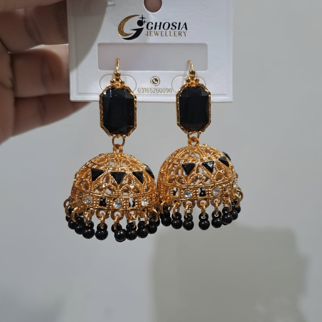 Traditional Golden Earrings (Jhumkay) with Black Gemstones & Pearls in Gift Packing