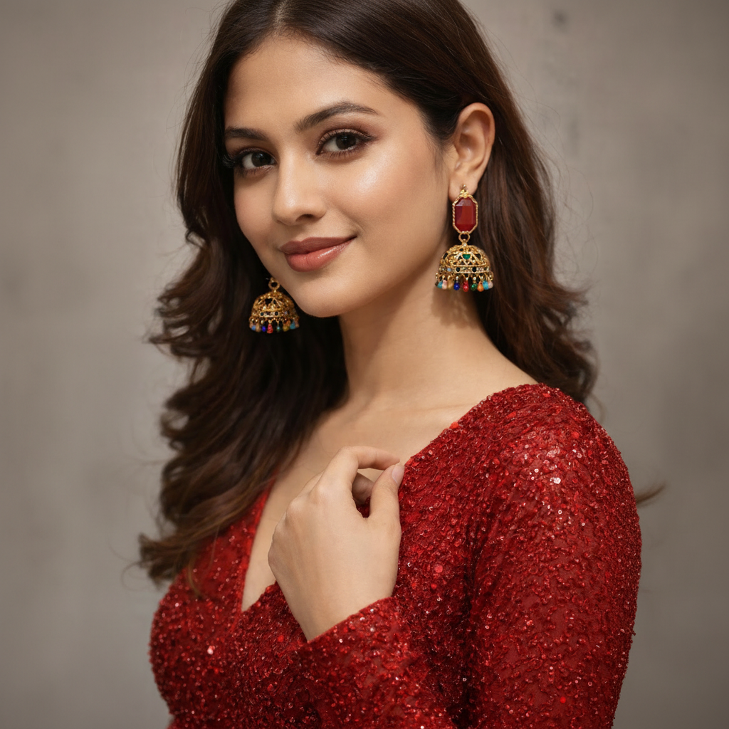 Traditional Golden Earrings (Jhumkay) with Red Gemstones & Pearls in Gift Packing