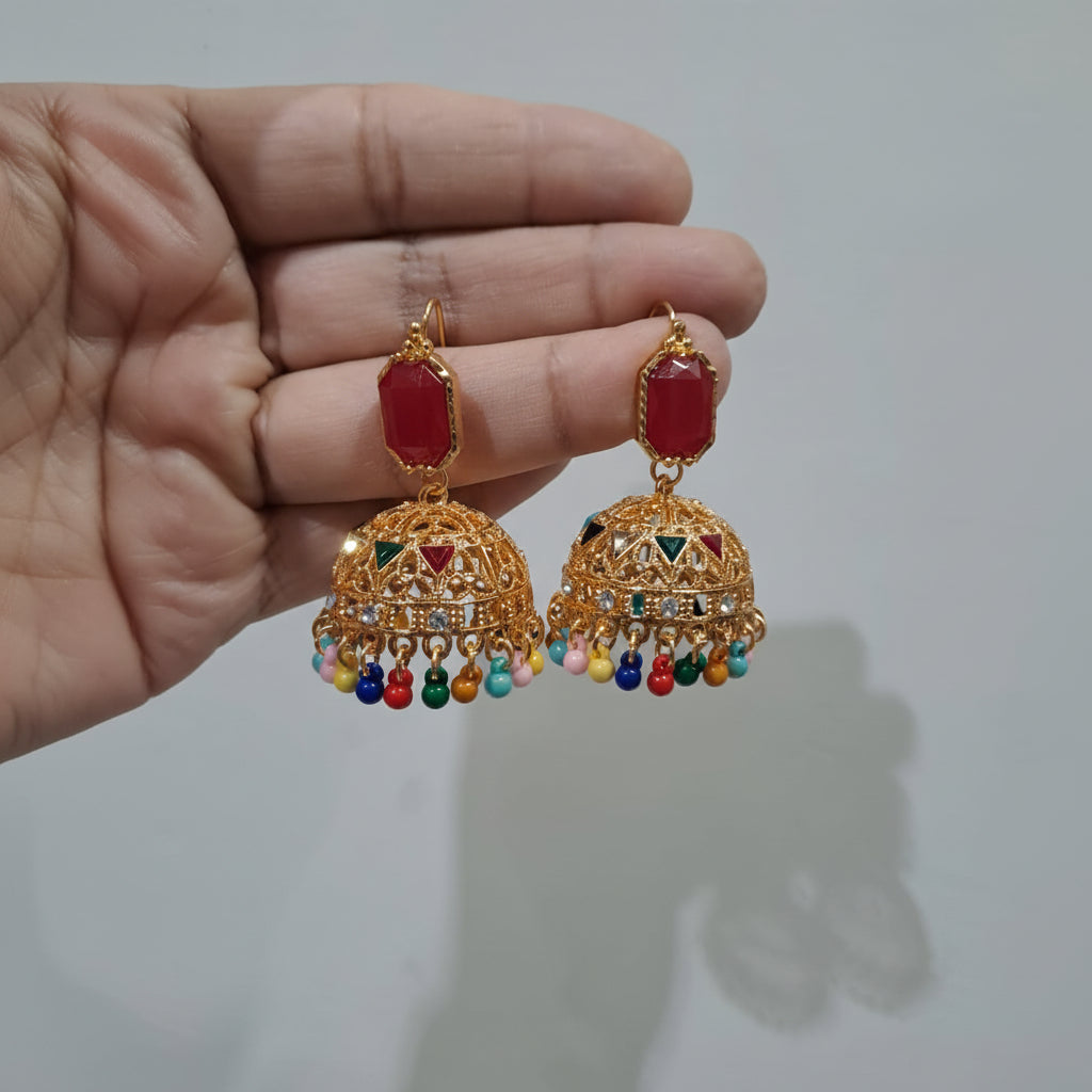 Traditional Golden Earrings (Jhumkay) with Red Gemstones & Pearls in Gift Packing