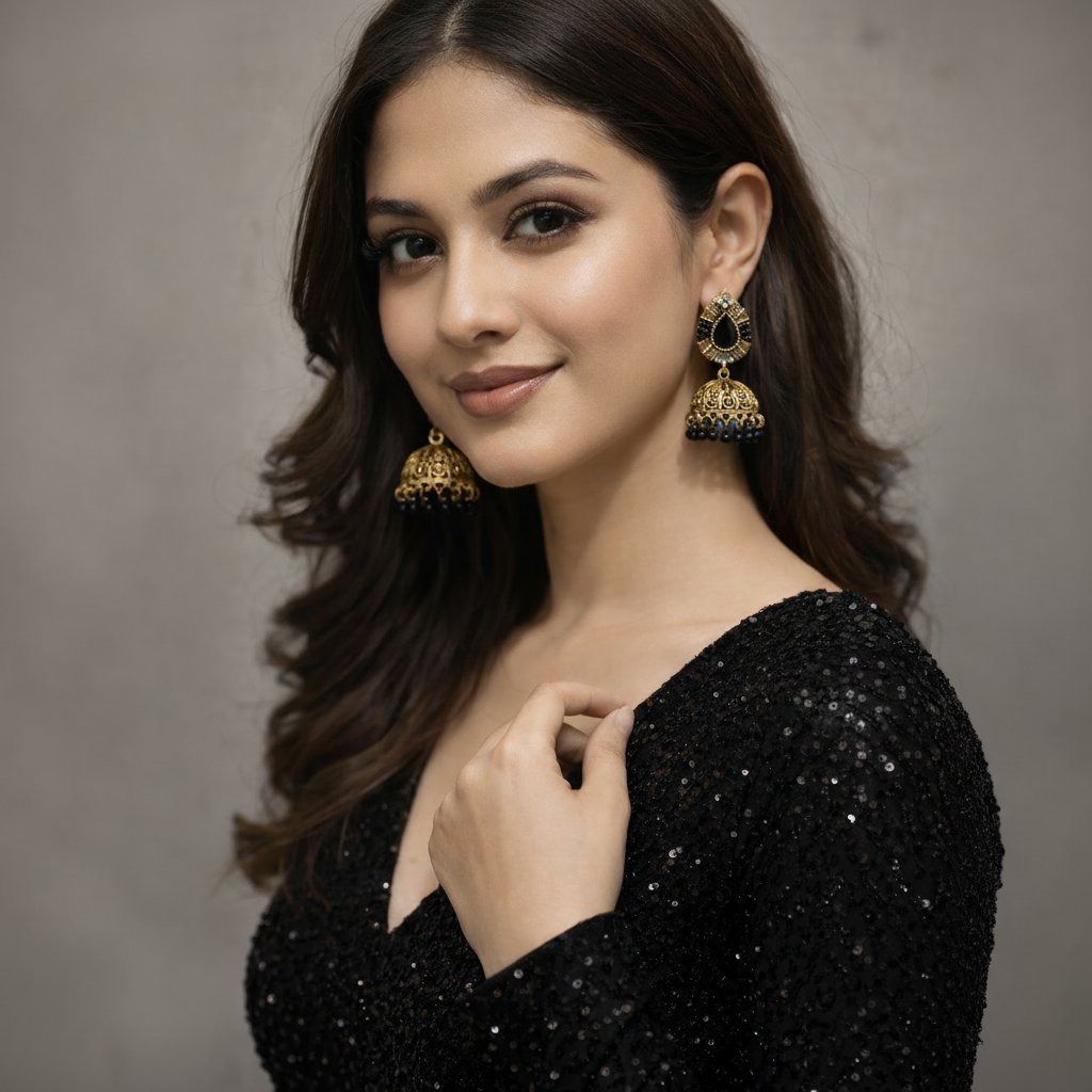 Traditional Golden Earrings (Jhumkay) with Black Gemstones & Pearls in Gift Packing