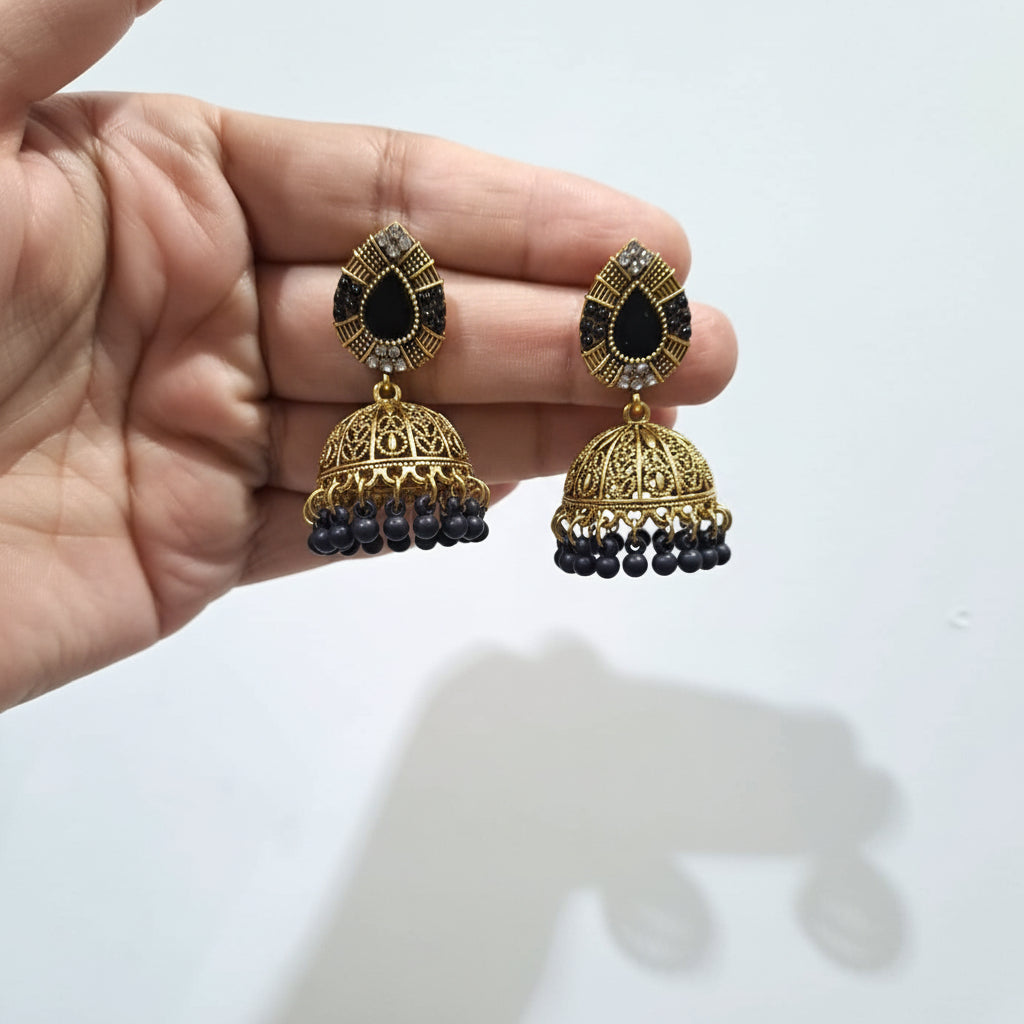 Traditional Golden Earrings (Jhumkay) with Black Gemstones & Pearls in Gift Packing