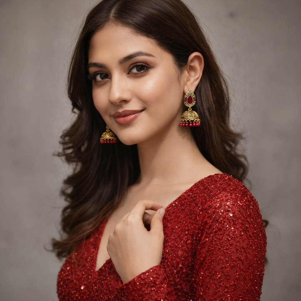Traditional Golden Earrings (Jhumkay) with Red Gemstones & Pearls in Gift Packing
