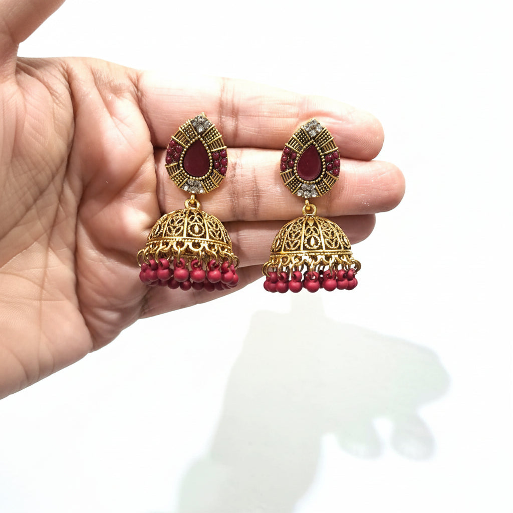 Traditional Golden Earrings (Jhumkay) with Red Gemstones & Pearls in Gift Packing