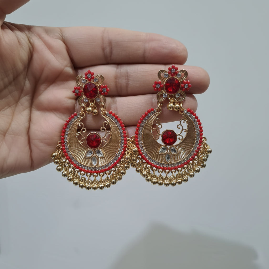Traditional Golden Earrings (Jhumkay) with Red Gemstones & Pearls in Gift Packing
