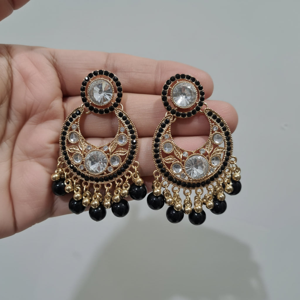 Traditional Golden Earrings (Jhumkay) with Black Gemstones & Pearls in Gift Packing