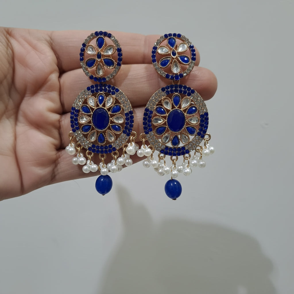 Traditional Golden Earrings (Jhumkay) with Blue Gemstones & Pearls in Gift Packing