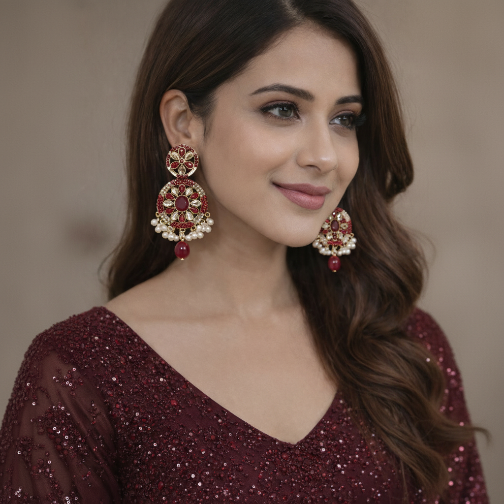 Traditional Golden Earrings (Jhumkay) with Maroon Gemstones & Pearls in Gift Packing