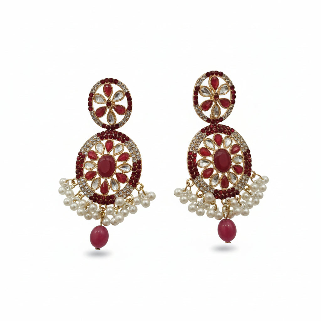 Traditional Golden Earrings (Jhumkay) with Maroon Gemstones & Pearls in Gift Packing