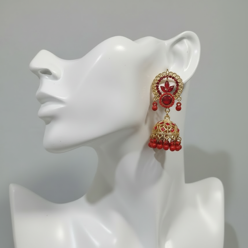 Traditional Golden Earrings (Jhumkay) with Red Gemstones & Pearls in Gift Packing