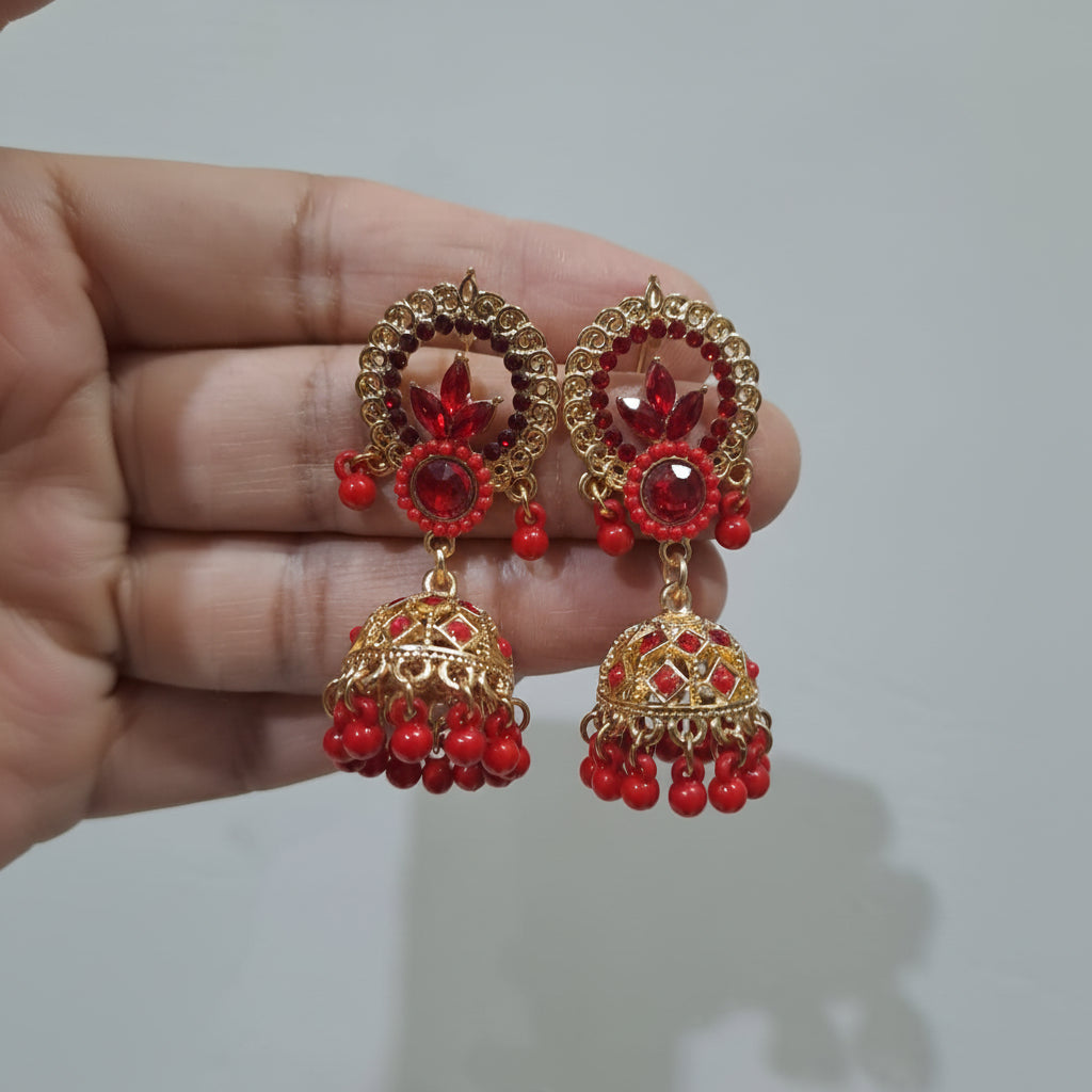 Traditional Golden Earrings (Jhumkay) with Red Gemstones & Pearls in Gift Packing