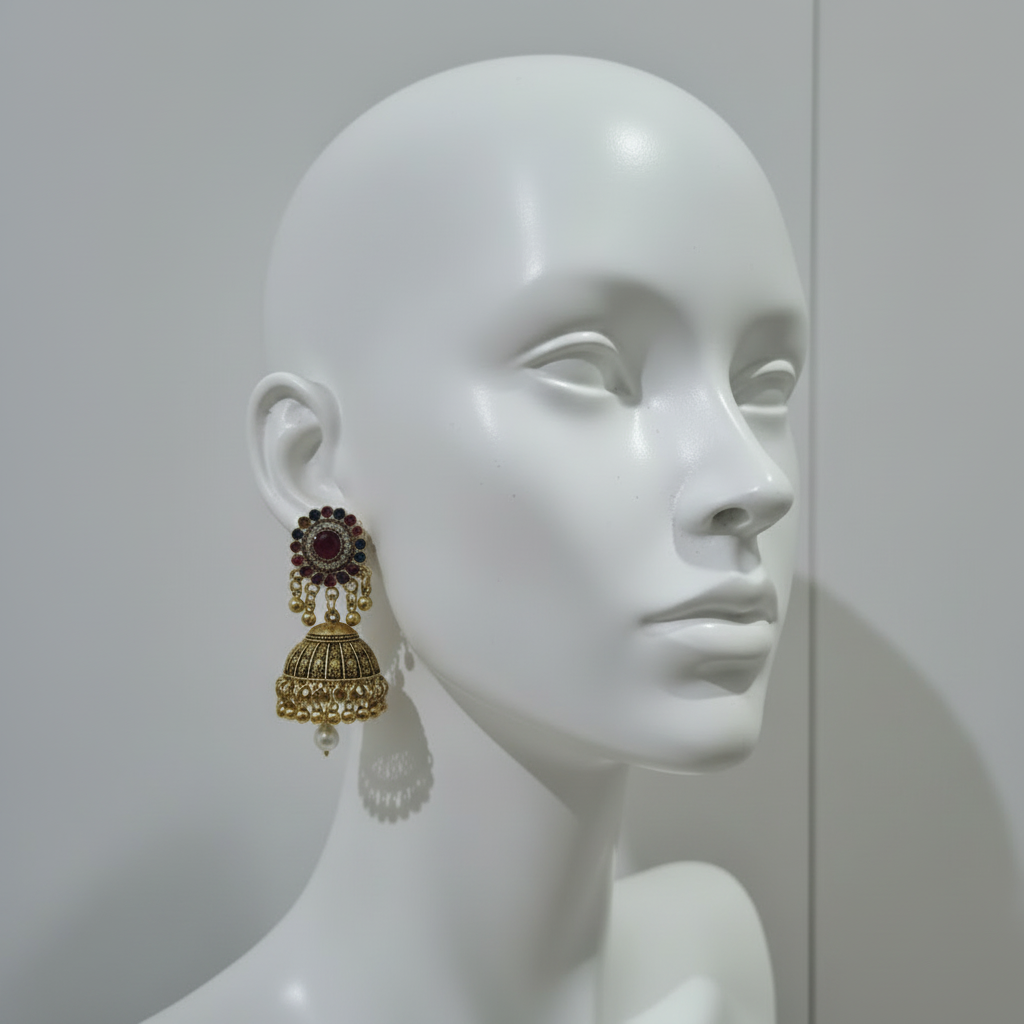 Traditional Golden Earrings (Jhumkay) with Black Gemstones & Pearls in Gift Packing