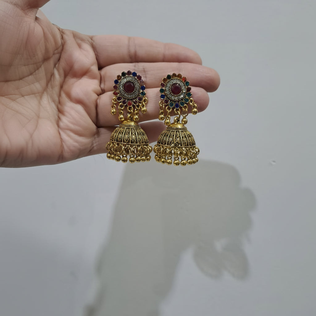 Traditional Golden Earrings (Jhumkay) with Black Gemstones & Pearls in Gift Packing