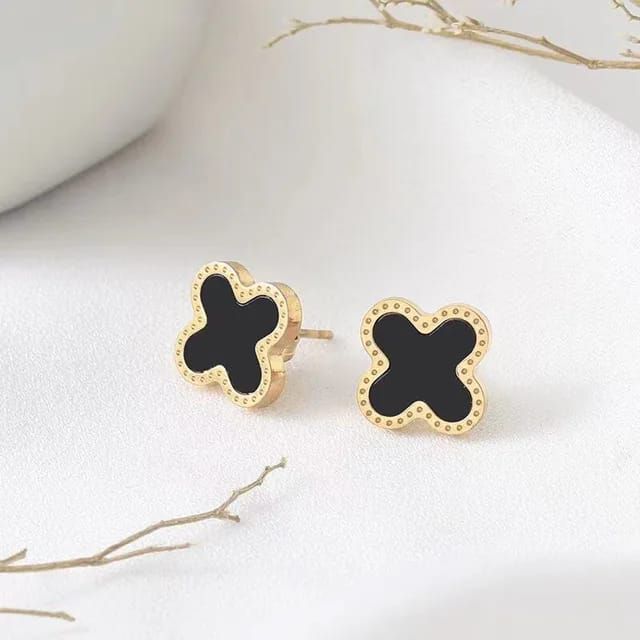Golden-Black 4 Leaves Clover Charm Earrings (Tops) in Gift Packing