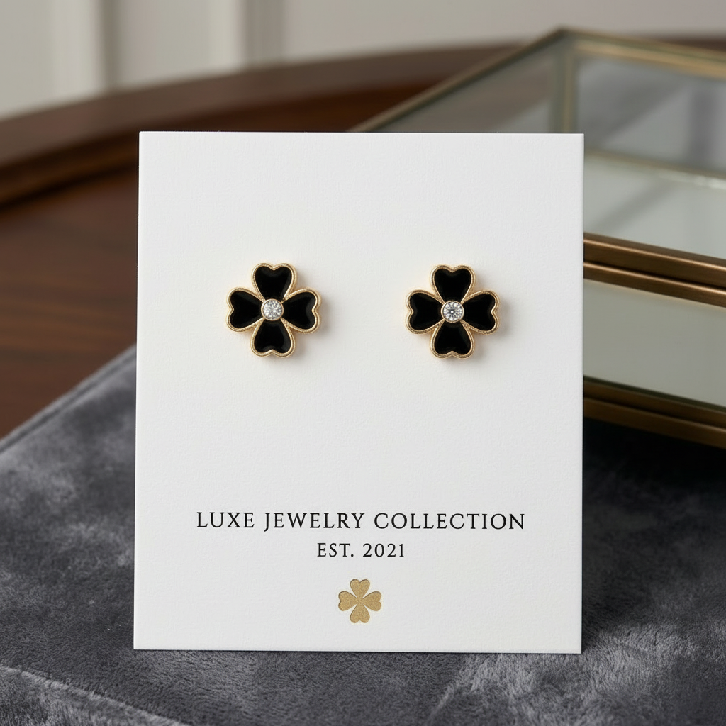 Golden-Black 4 Hearts Clover Earrings (Tops) in Gift Packing