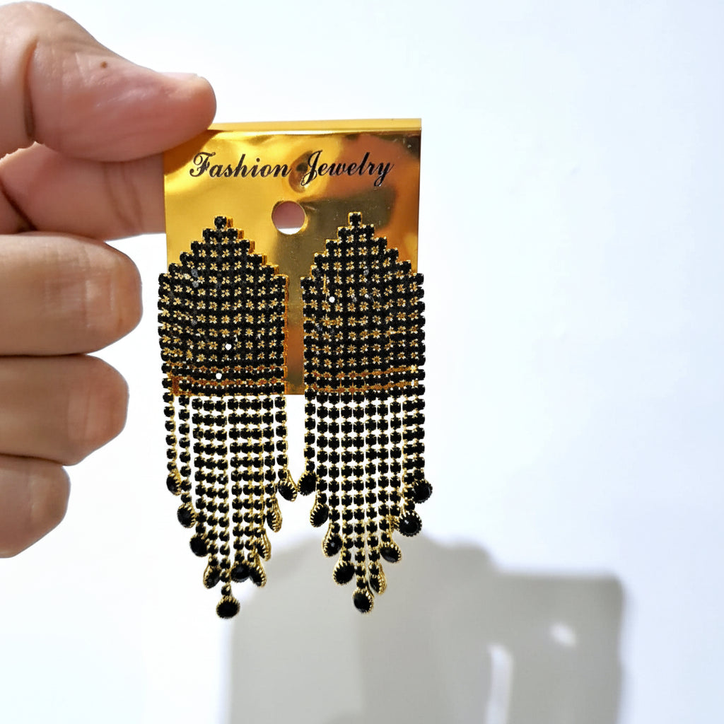 Golden Drop Earrings with Black Gemstones in Gift Packing