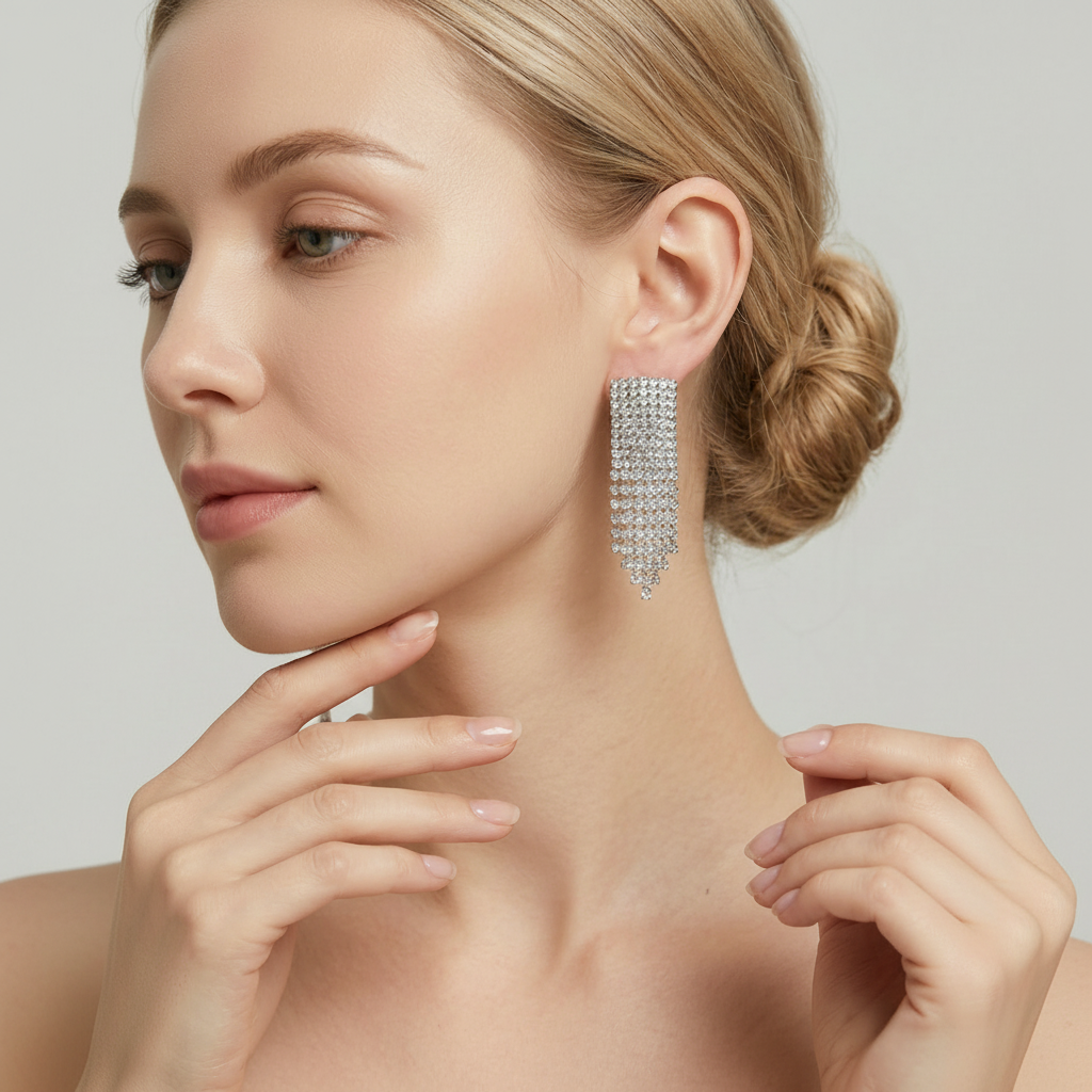 Silver Drop Earrings with Crystals in Gift Packing