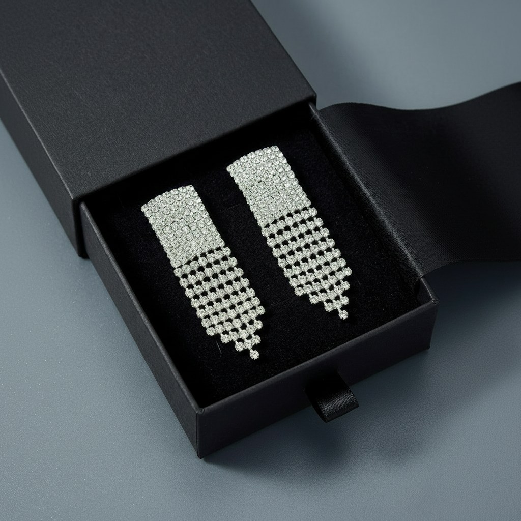 Silver Drop Earrings with Crystals in Gift Packing