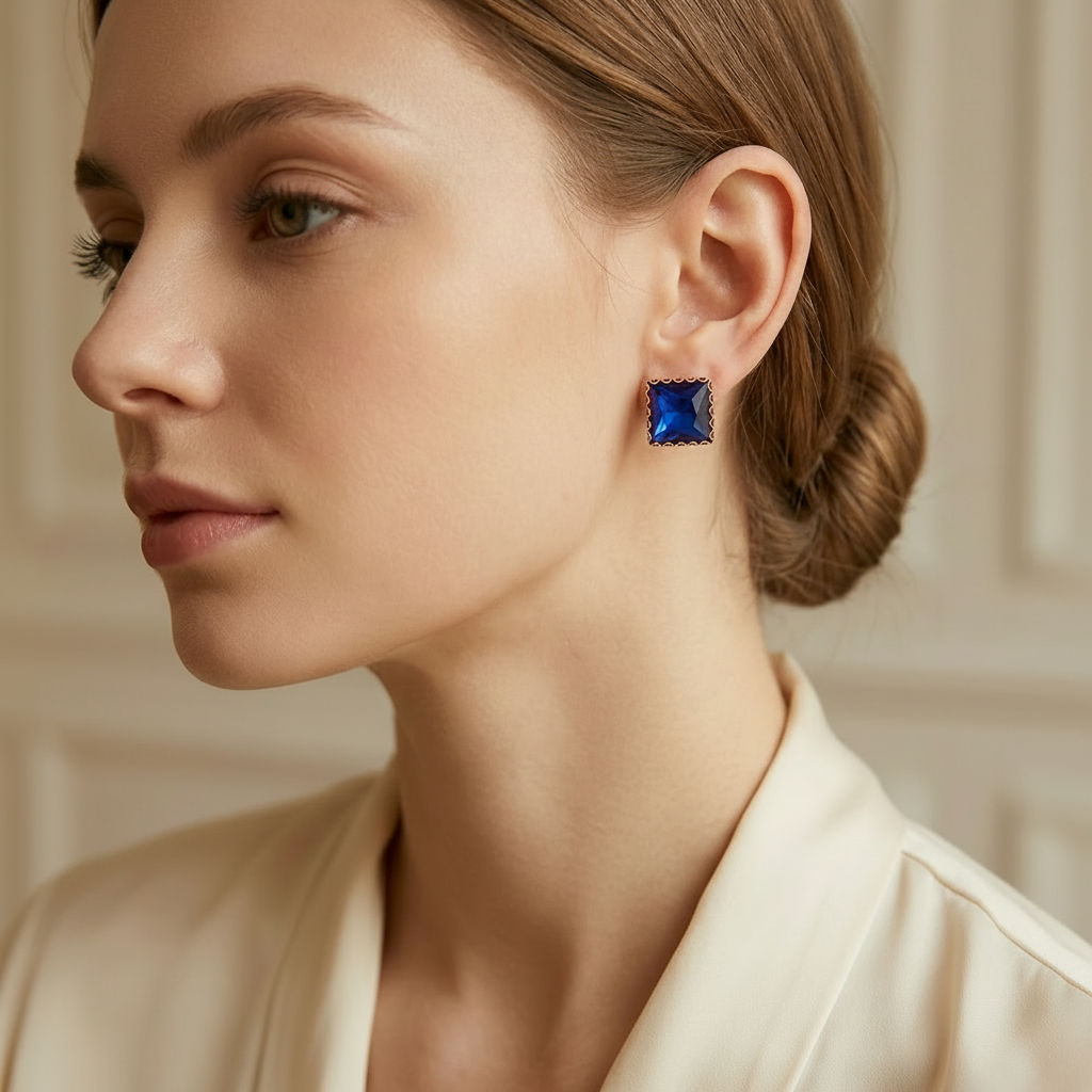 Golden Studs (Tops) with Blue Gemstone in Gift Packing