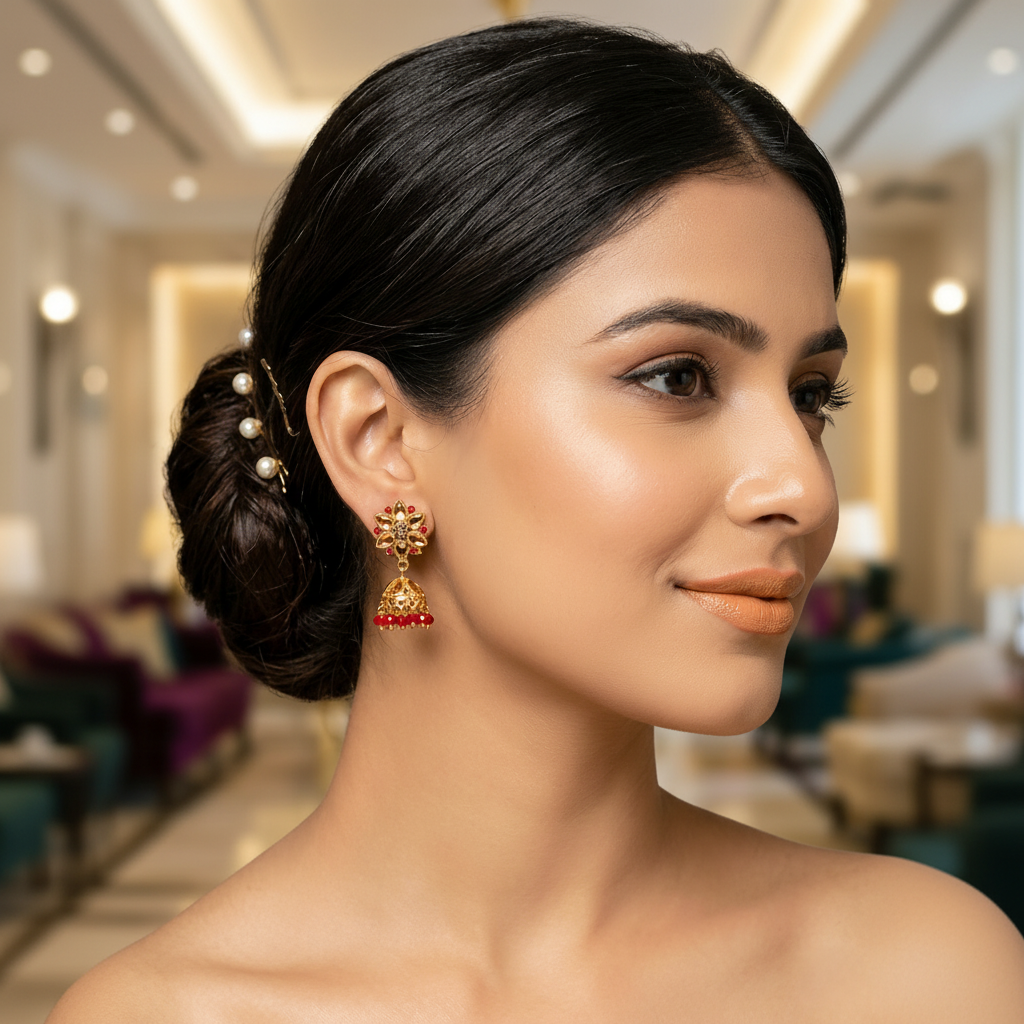 Traditional Golden Earrings (Jhumkay) with Crystals & Maroon Pearls in Gift Packing