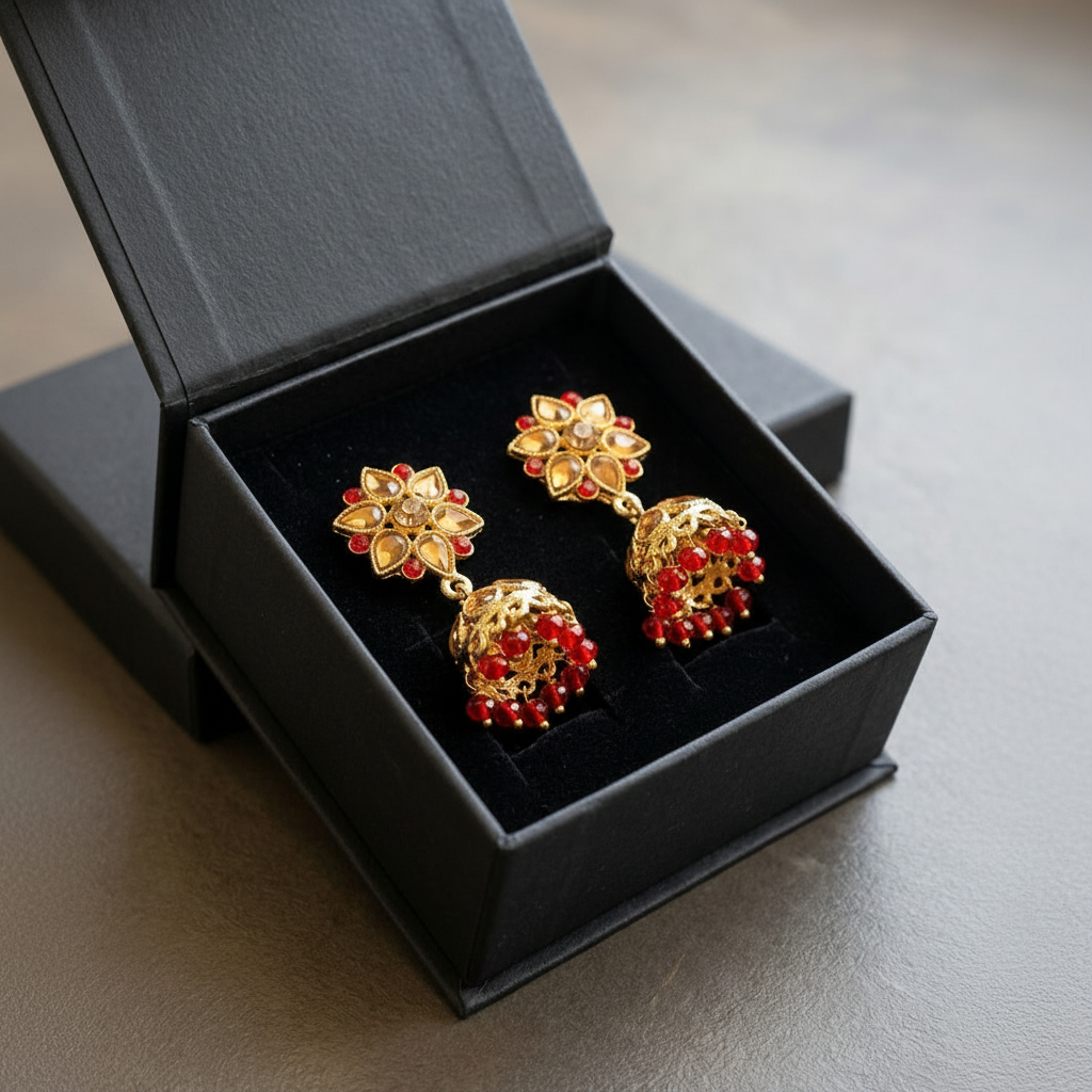 Traditional Golden Earrings (Jhumkay) with Crystals & Maroon Pearls in Gift Packing
