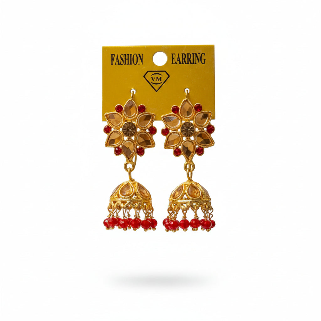 Traditional Golden Earrings (Jhumkay) with Crystals & Maroon Pearls in Gift Packing