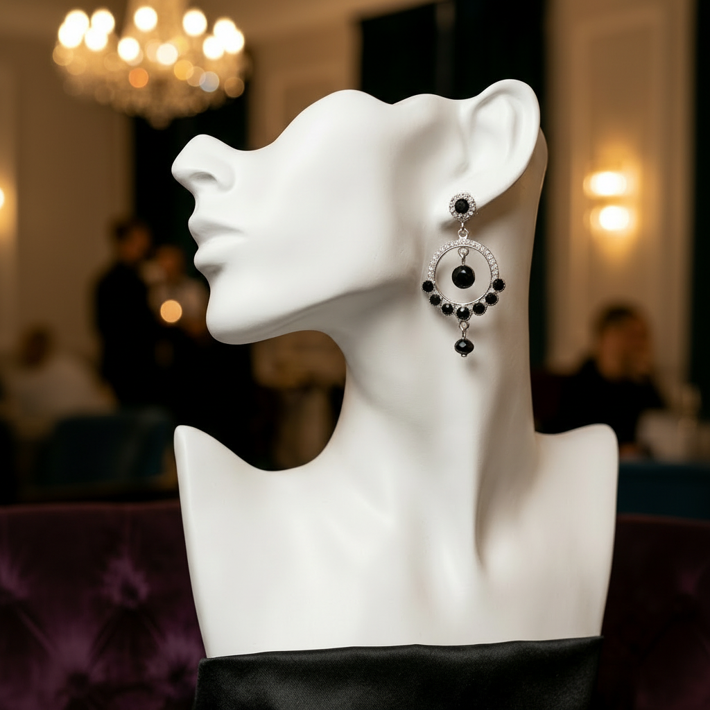 Modern Silver Earrings with Crystals & Black Pearls in Gift Packing