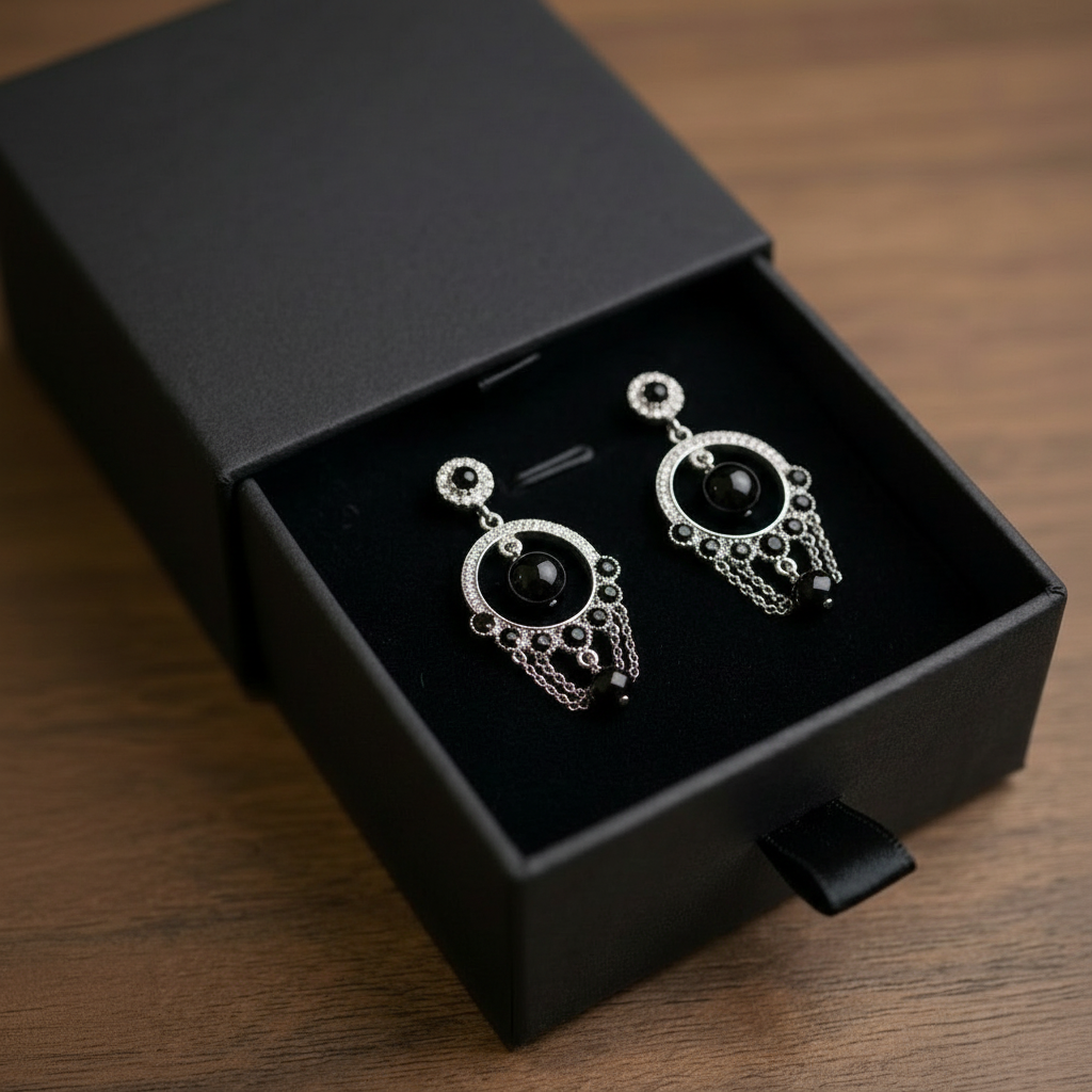 Modern Silver Earrings with Crystals & Black Pearls in Gift Packing