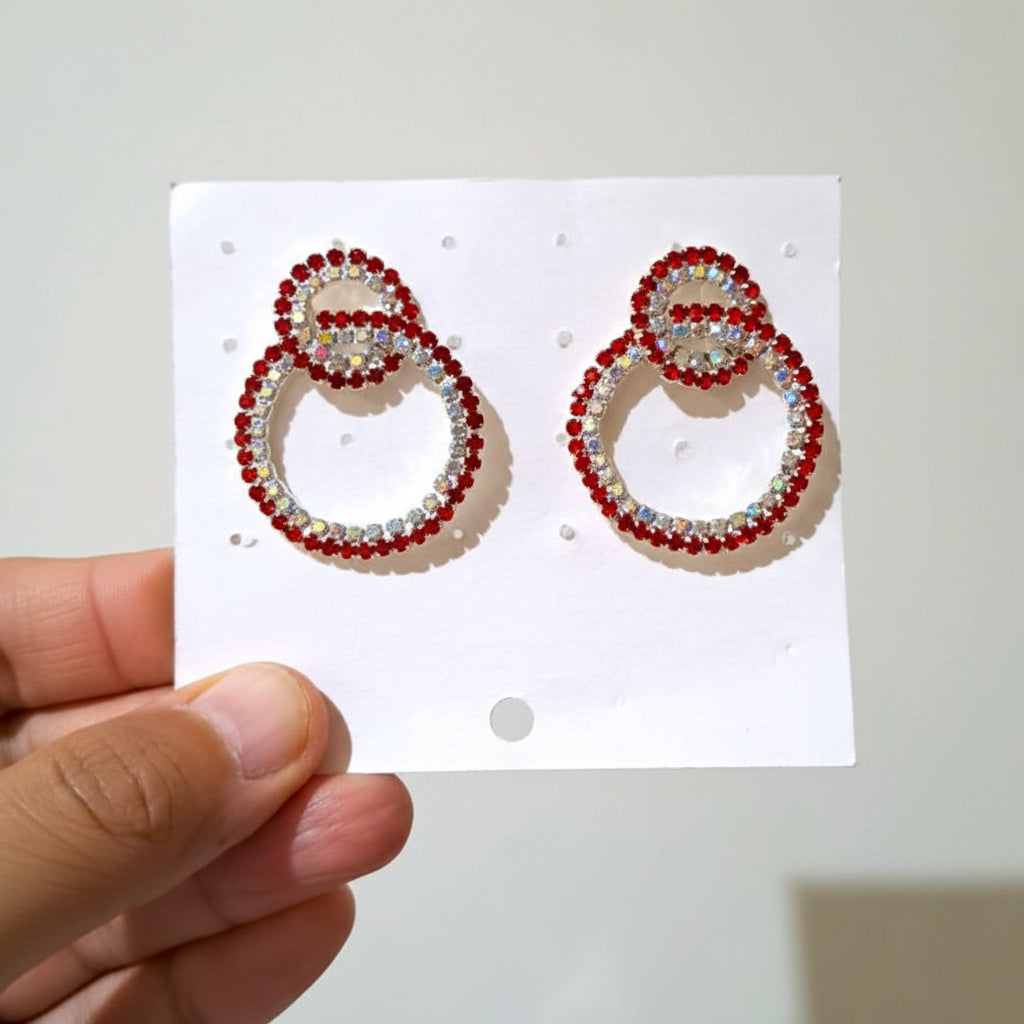 Modern Silver Earrings with Red & White Crystals in Gift Packing