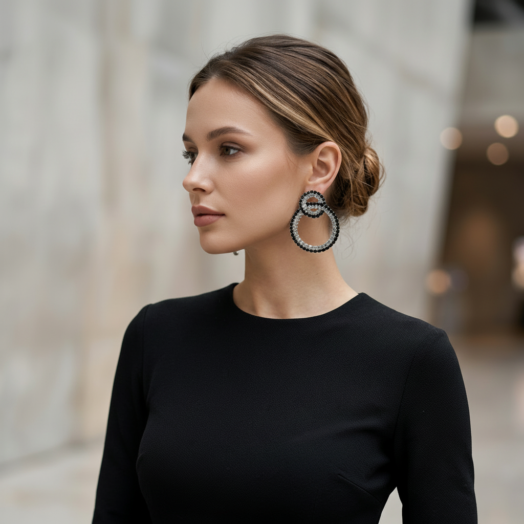 Modern Silver Earrings with Black & White Crystals in Gift Packing
