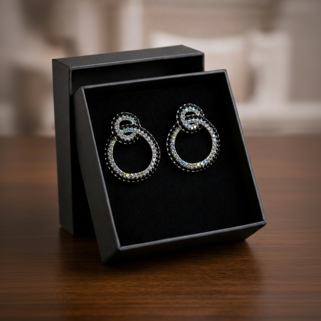 Modern Silver Earrings with Black & White Crystals in Gift Packing