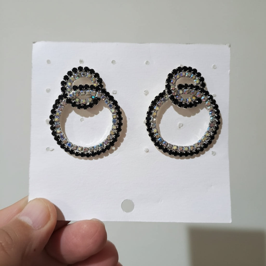 Modern Silver Earrings with Black & White Crystals in Gift Packing