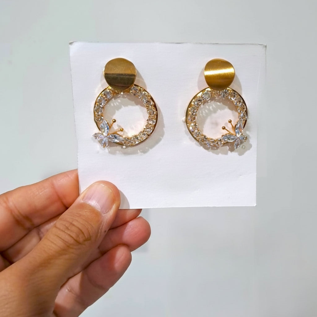 Modern Golden Earrings with Butterfly & Crystals in Gift Packing
