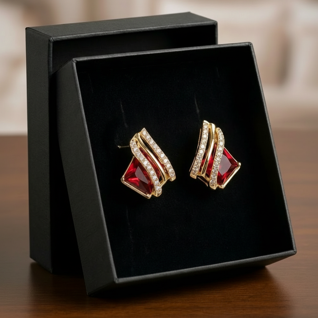 Golden Spiral Stud Earrings with Red Gemstone in Gift Packing