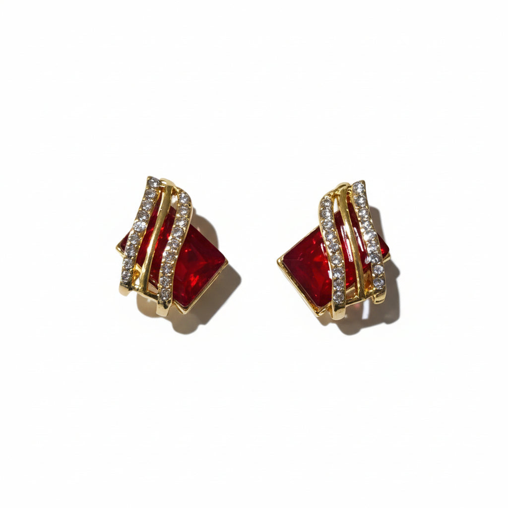 Golden Spiral Stud Earrings with Red Gemstone in Gift Packing