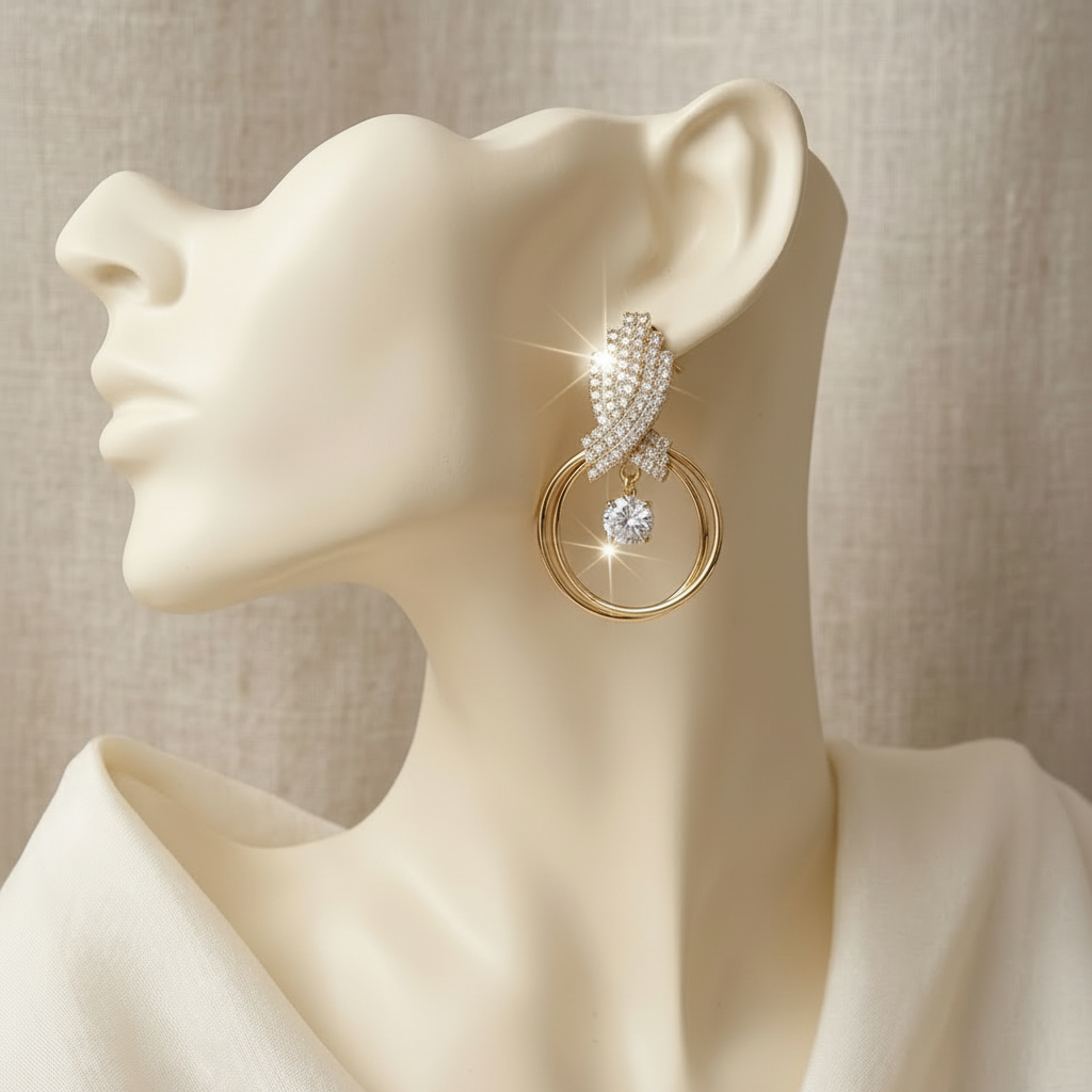 Golden Hoop Drop Earrings with Crystals in Gift Packing