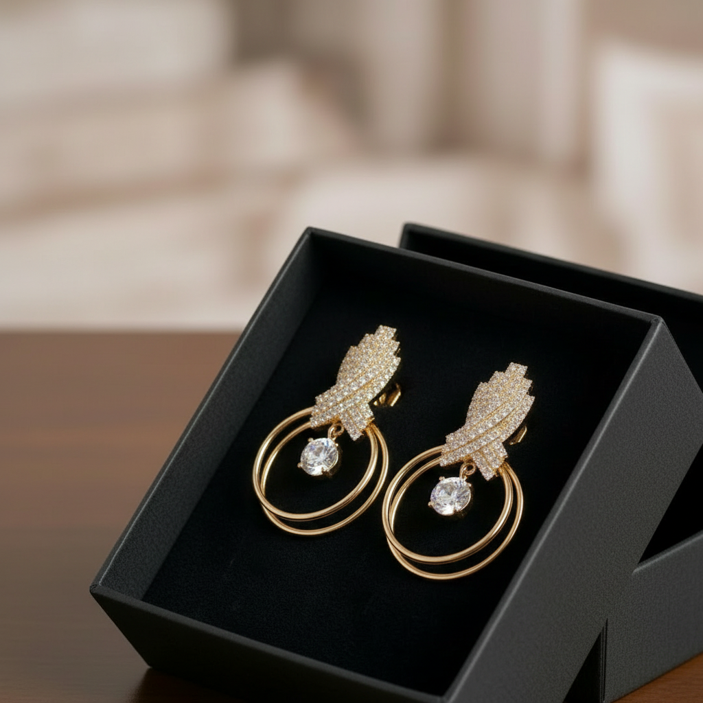 Golden Hoop Drop Earrings with Crystals in Gift Packing