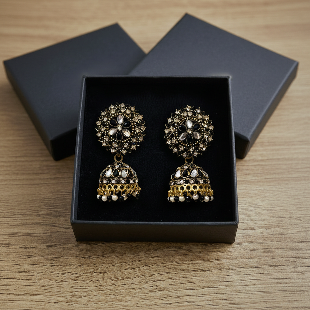 Antique Golden Earrings (Jhumkay) with Black Gemstones & Pearls in Gift Packing