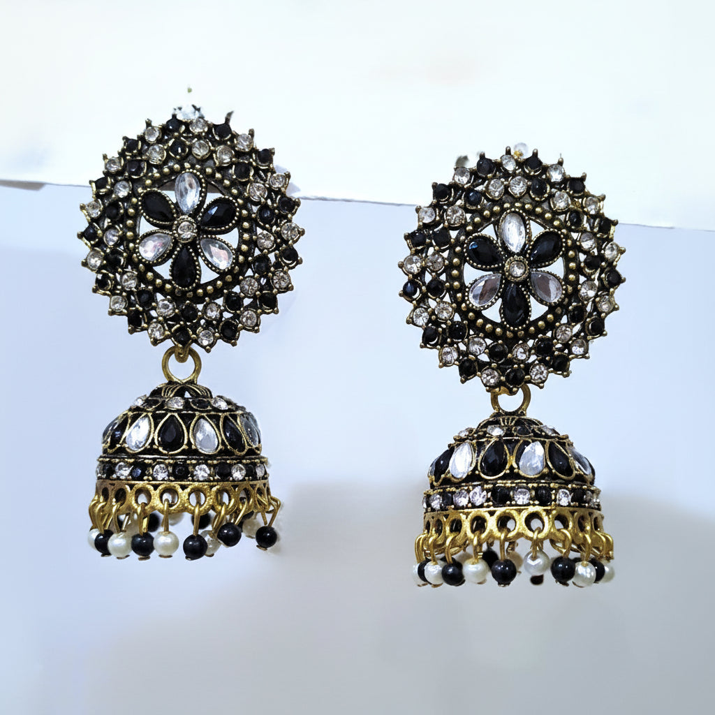 Antique Golden Earrings (Jhumkay) with Black Gemstones & Pearls in Gift Packing