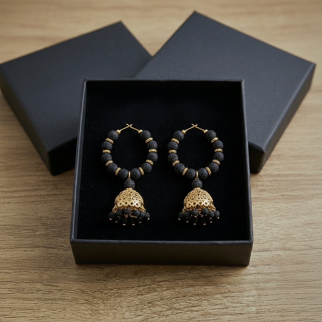 Black Beads Drop Style Hoop Earrings in Gift Packing