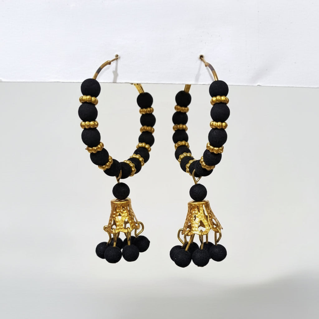 Black Beads Drop Style Hoop Earrings in Gift Packing