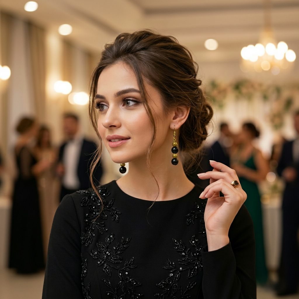 Golden & Black Beads Drop Earrings in Gift Packing