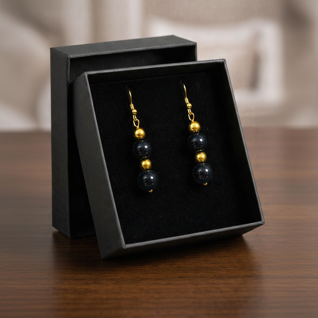 Golden & Black Beads Drop Earrings in Gift Packing